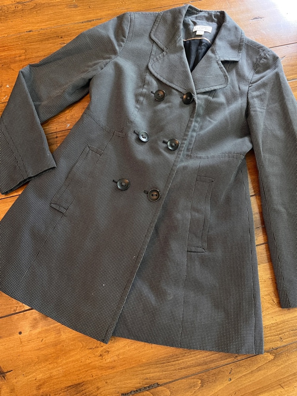 LOFT Black & Gray Houndstooth Double-Breasted Pea Coat